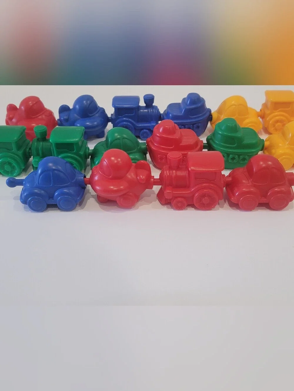 Colorful Interlocking Toy Train Cars - Red, Blue, Green, Yellow